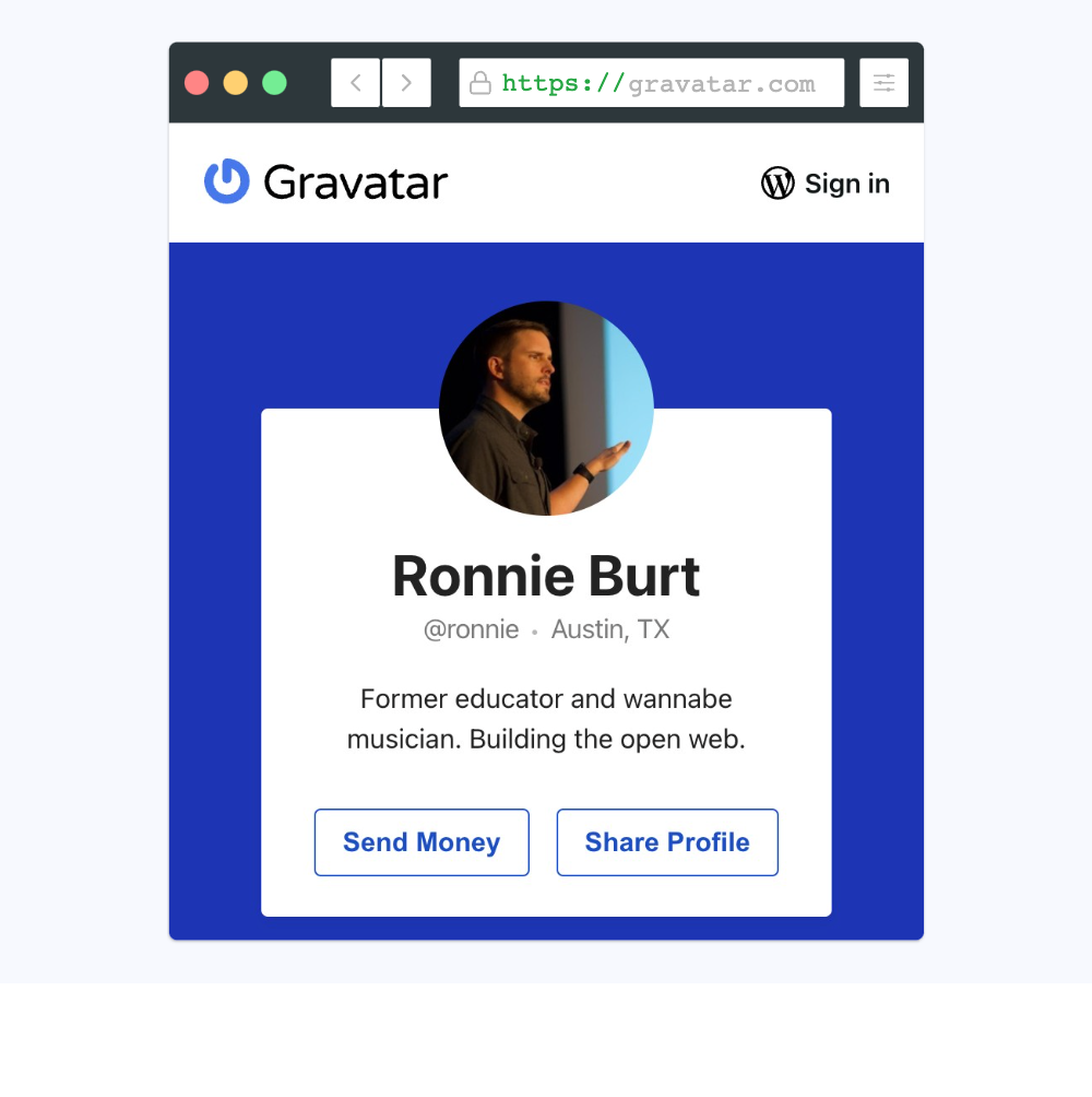 A screenshot of the Gravatar profile in mobile view, showing a Send Money button and a Share Profile button.
