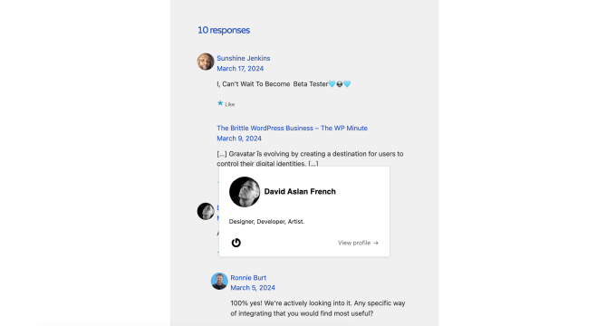 Example of a Gravatar hovercard in a comment section of a blog post