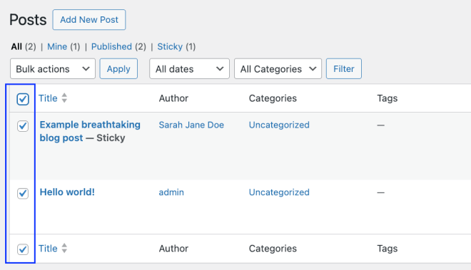 Selecting multiple posts for bulk editing